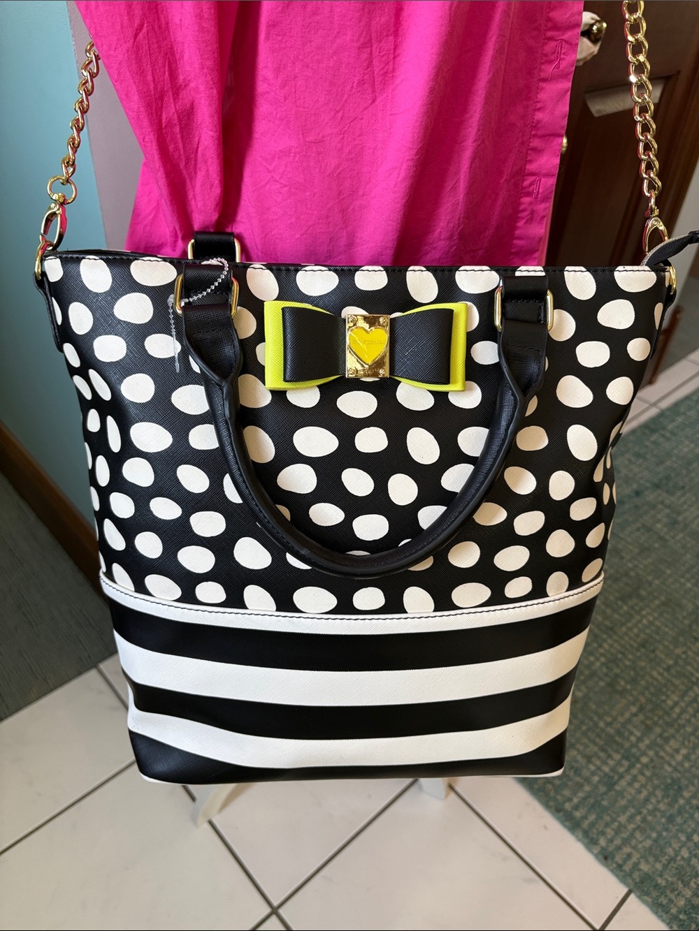 Betsey Johnson Black & White Polka Dot /stripes Tote  Yellow Bow Accent cross bo